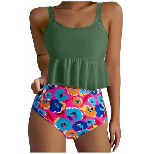 Yxzogd Women's 2025 Summer Ruffle Tankini Bikini Set Floral Swim Suit