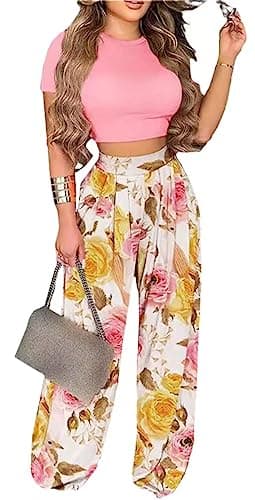 BFFBABY Women's Short Sleeve Crop Top & High Waist Wide Leg Long Pant Set