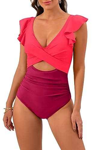 B2prity Women's Slimming V-Neck One Piece Swimwear with Ruffle Cutout