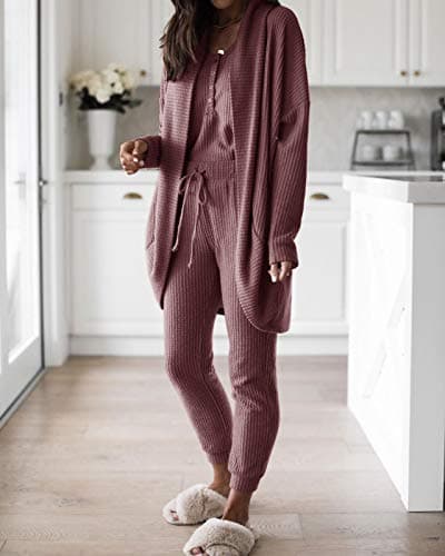 Fessceruna Women's Waffle Knit Lounge Set Tank Top & Long Sleeve Cardigan Pants
