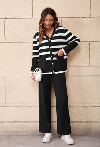 Viottiset Women's Stripe Sweatsuit Set: Long Sleeve Button Sweatshirt & Wide Leg Sweatpants