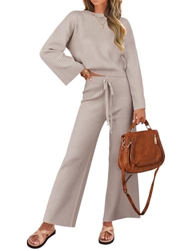 ZESICA Women's Casual Long Sleeve Knit Top & Wide Leg Pants Sweatsuit Set