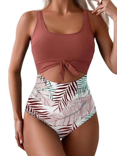 Eomenie Women's Tummy Control One Piece Swimwear with Cutout Tie Knot