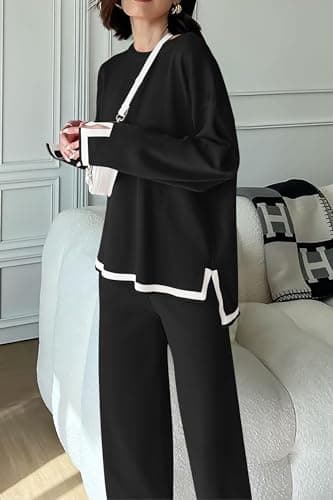 PRETTYGARDEN Women's Long Sleeve Knit Sweater Set & Wide Leg Pants Outfit