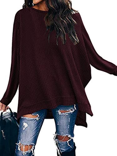 ANRABESS Women's Oversized Waffle Knit Split Sweater Tunic