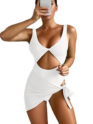 Women's Cut Out Twist Front One Piece Swimsuit with Cover Up Skirt