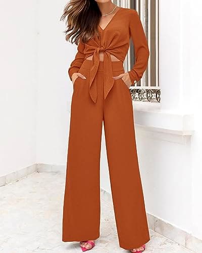 PrettyGarden Women's 2025 Spring V Neck Crop Top & Wide Leg Palazzo Pants Outfit Sets