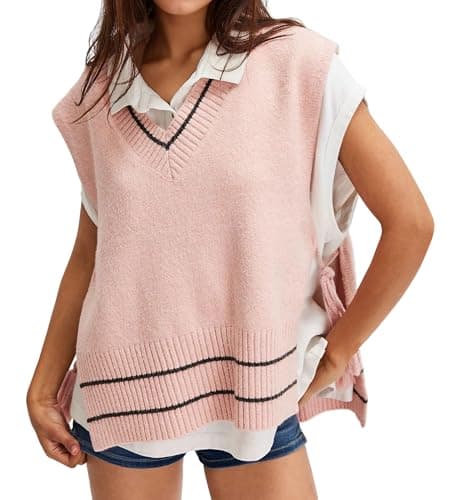 BAIGRAM Oversized V-Neck Striped Side-Tie Pullover Sweater Tank Top