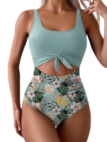 Eomenie Women's Tummy Control One Piece Swimwear with Cutout Tie Knot