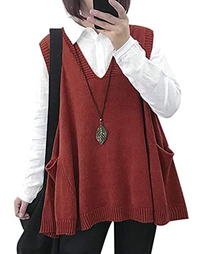 Oversized Cotton Knit Sweater Vest for Women with Drop Pockets