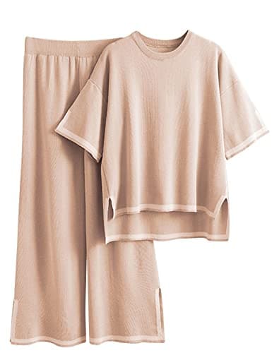 Faleave Women's Short Sleeve Knit Sweater & Elastic Waist Wide Leg Pants Lounge Set