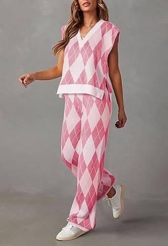 Viottiset Women's V-Neck Sleeveless Sweater Wide Leg Pants Sweatsuit Set