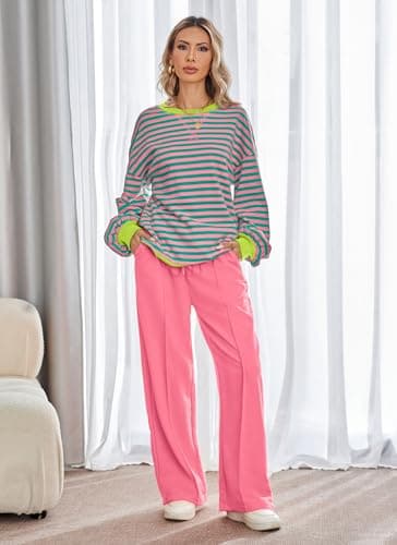 Kikibell Women's Striped Color Block Sweatshirt & Wide Leg Pants Trendy Tracksuit
