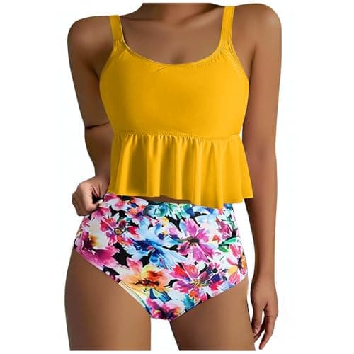 Yxzogd Women's 2025 Summer Ruffle Tankini Bikini Set Floral Swim Suit