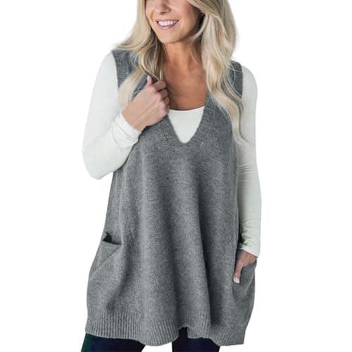 Flattering Oversized Women's Sleeveless V-Neck Knit Sweater Vest with Pockets
