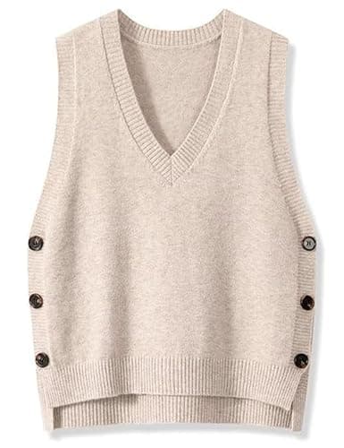 Oulivey Women's Side Button Down Sleeveless V-Neck Knit Sweater Vest