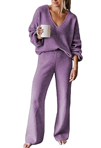 Fixmatti Women's 2-Piece Long Sleeve Knit Sweater Set Wideleg Pants Outfit