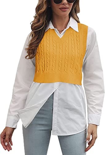 Lailezou Women's Solid Color Argyle Knit V-Neck Sleeveless Crop Vest