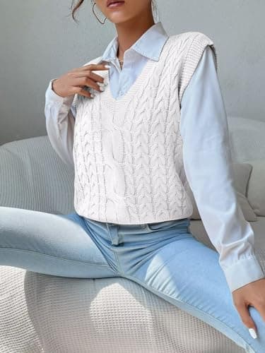 RefindWin Women's Casual V-Neck Cable Knit Sweater Vest