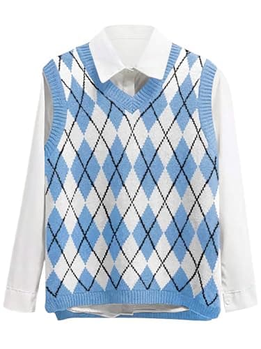 Lailezou Women's V-Neck Argyle Knit Sweatvest