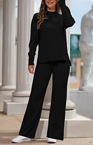 AOHITE Women's Long Sleeve Knit Sweater Top & Wide Leg Sweatpants Outfit Set