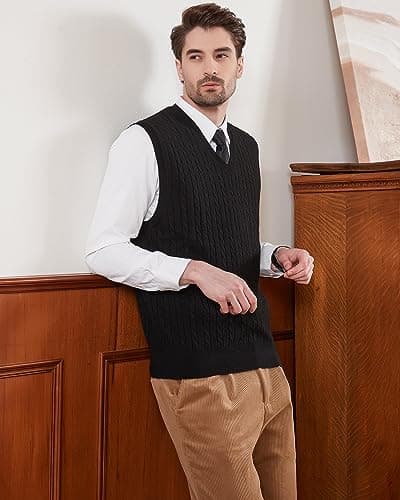 Kallspin Men's Wool Blended Cable Knit V-Neck Sweater Vest