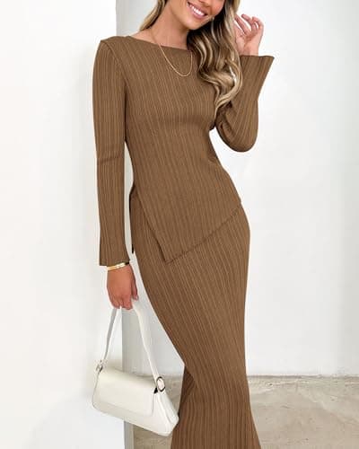 PRETTYGARDEN Women Long Sleeve Asymmetric Midi Knit Sweater Skirt Set