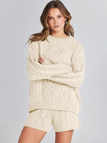 ANRABESS Women Cable Knit Oversized Sweater and Matching Short Pants Set