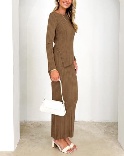 PRETTYGARDEN Women Long Sleeve Asymmetric Midi Knit Sweater Skirt Set
