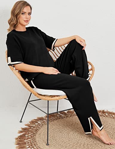 Faleave Women's Short Sleeve Knit Sweater & Elastic Waist Wide Leg Pants Lounge Set