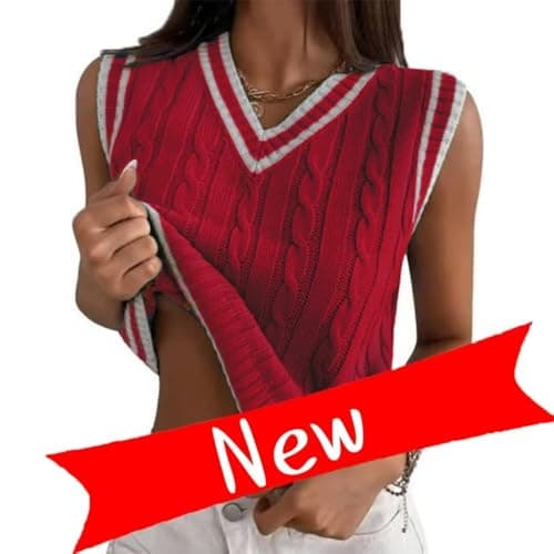 RefindWin Women's Casual V-Neck Cable Knit Sleeveless Top