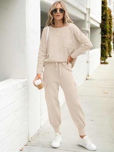 Caracilia Women's Long Sleeve Knit Outfit Matching Jogger Pants Fall Lounge Sets