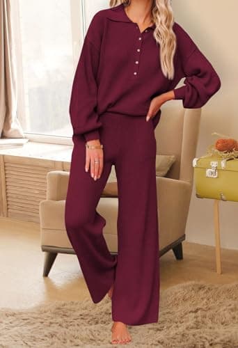 Pink Queen Women's Long Sleeve Knit Sweater Set with Wide Leg Pants