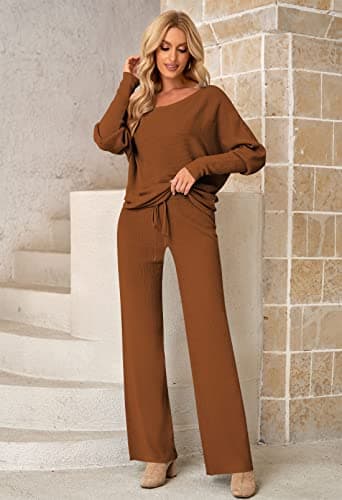 Linsery Women's One-Shoulder Knit Sweater & Wide Leg Pants Set