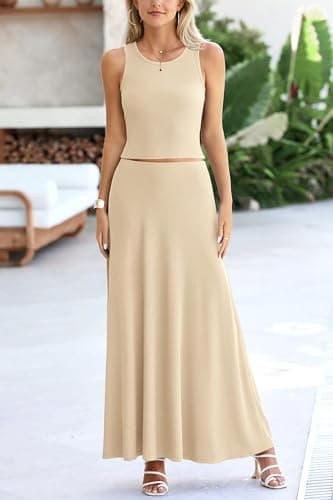 PRETTYGARDEN Women's Casual Summer Maxi Skirt Sets Cropped Knit Top Outfit