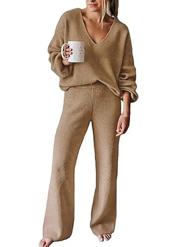 Fixmatti Women's 2-Piece Long Sleeve Knit Sweater Set Wideleg Pants Outfit