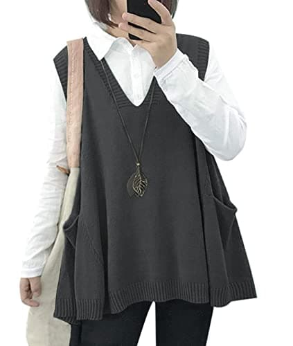 Oversized Cotton Knit Sweater Vest for Women with Drop Pockets