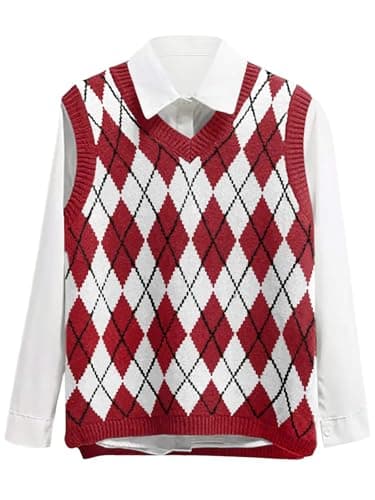 Lailezou Women's V-Neck Argyle Knit Sweatvest