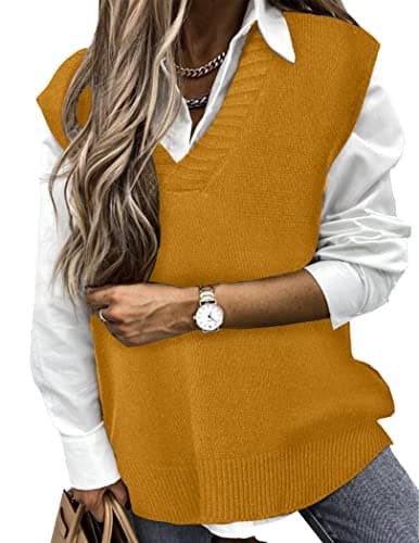 Beyove Oversized Yellow V-Neck Sleeveless Pullover Vest Medium