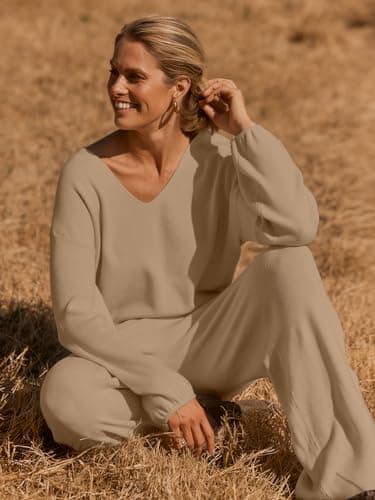 MEROKEETY Women's Long Sleeve Knit Top & Wide Leg Pant Lounge Set