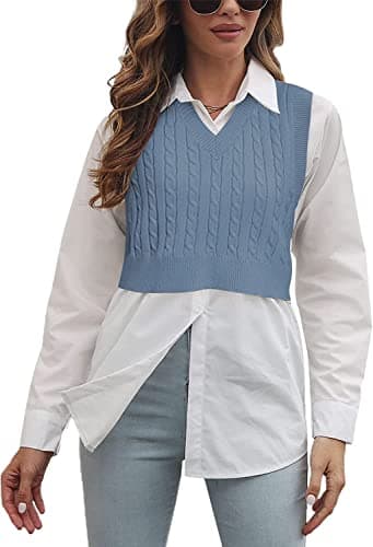 Lailezou Women's Solid Color Argyle Knit V-Neck Sleeveless Crop Vest