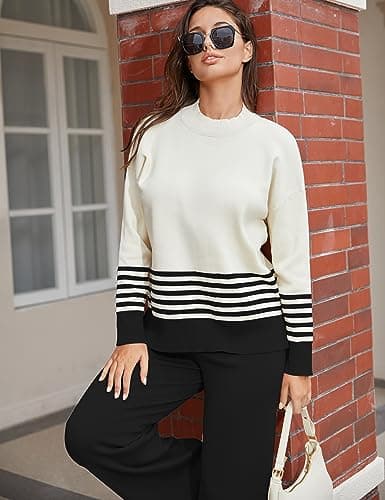 Tanming Women's 2 Piece Knitted Lounge Outfit Sweater Tops Wide Leg Pants Tracksuit