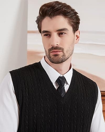 Kallspin Men's Wool Blended Cable Knit V-Neck Sweater Vest