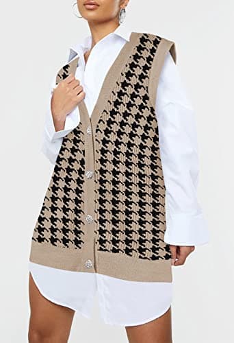 Viottiset Women's Oversized Houndstooth V-Neck Sweater Vest