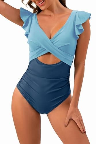 B2prity Women's Slimming V-Neck One Piece Swimwear with Ruffle Cutout