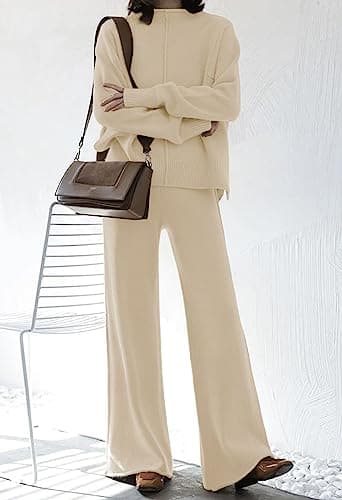 High Neck Knitted Sweater and Wide Leg Pant Set for Women