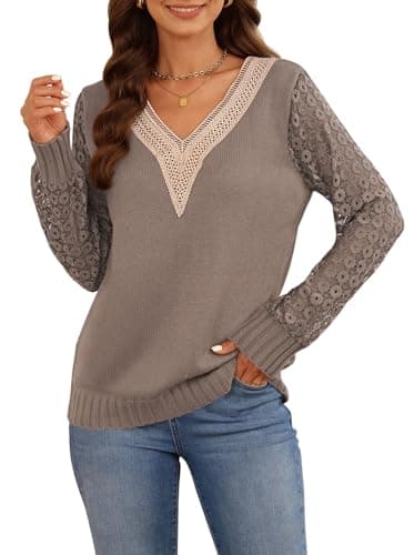 Trendy Long Sleeve Lace V Neck Knit Loose Pullover Sweaters for Women