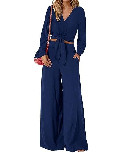 PrettyGarden Women's 2025 Spring V Neck Crop Top & Wide Leg Palazzo Pants Outfit Sets