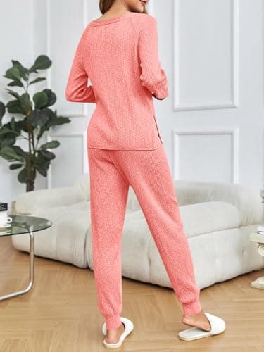 Tankaneo Women's Oversized V-Neck Sweater and Wide Leg Pants Loungewear Set