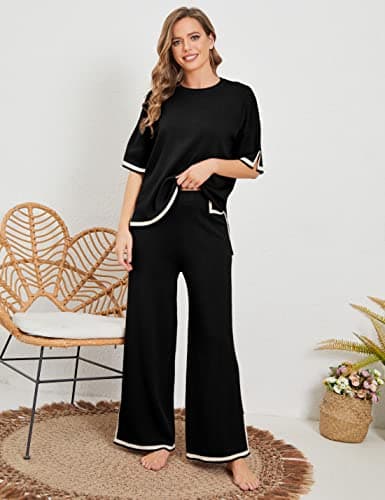 Faleave Women's Short Sleeve Knit Sweater & Elastic Waist Wide Leg Pants Lounge Set